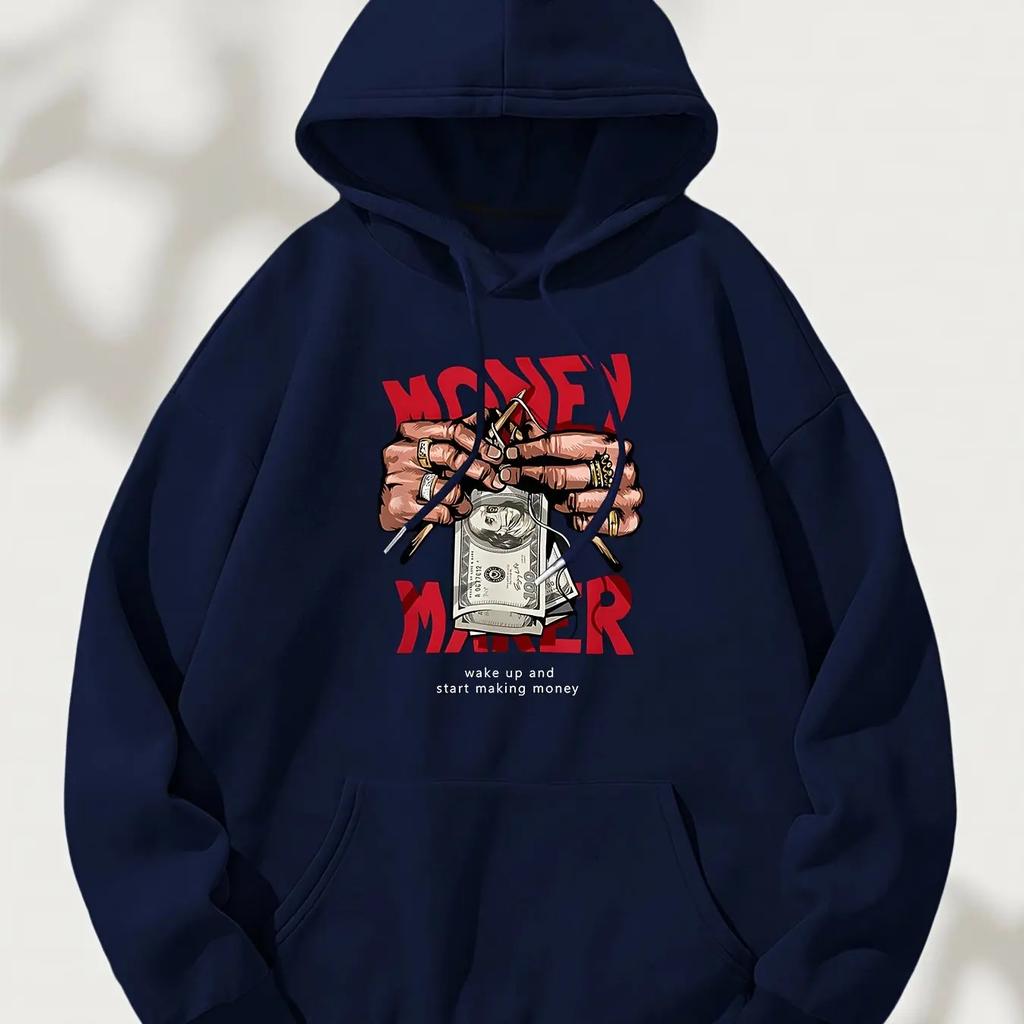 Kpop Trend Hustle Graphic Hoodie For Guys Wealth Cash Front Print Soft Korean Daily Oversized Hip Hop Hooded Top