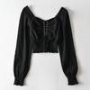 New Women Retro Square Collar Blouses Exposed Bone Short Top Straps Shirts Long Sleeve Palace Style Puff Sleeves Summer T-shirt
