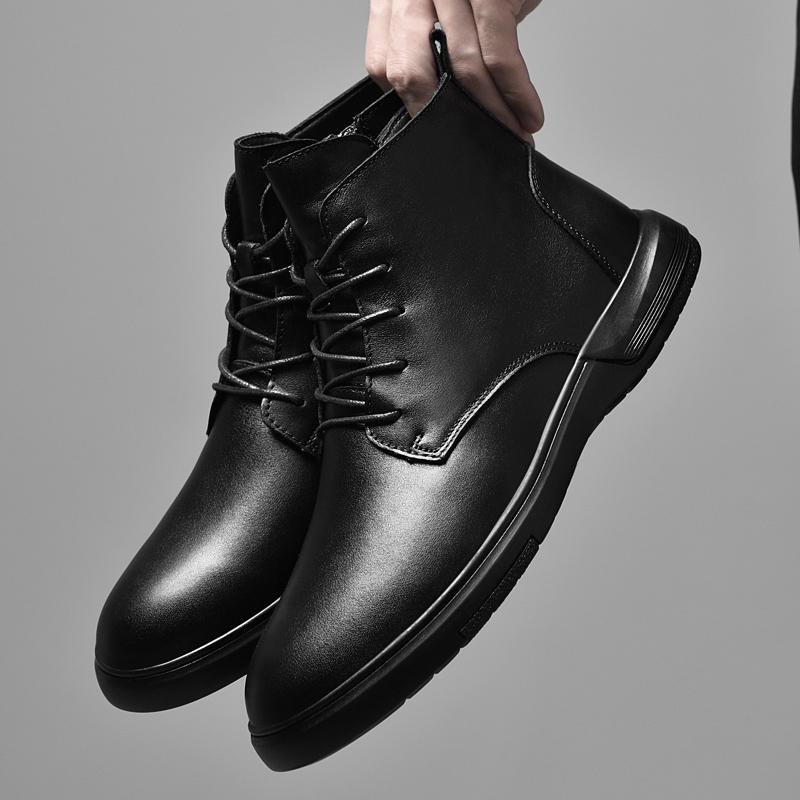 Autumn Winter Men Motorcycle Boots Versatile Round-toe Casual Ankle Boots Genuine Leather High Top Shoes Winter Plush Snow Botas