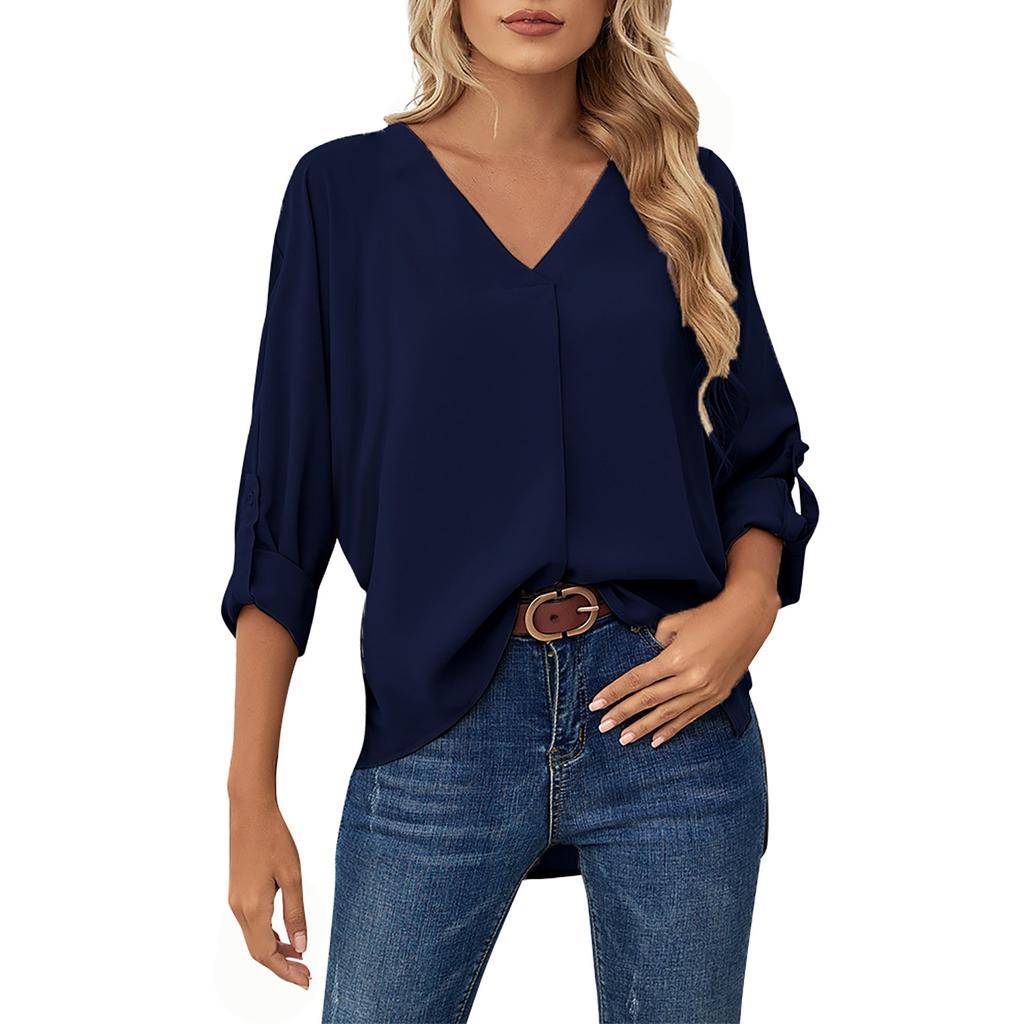 Solid Color Fashionable Chiffon Shirt Women's V-Neck Long-Sleeved Casual Top