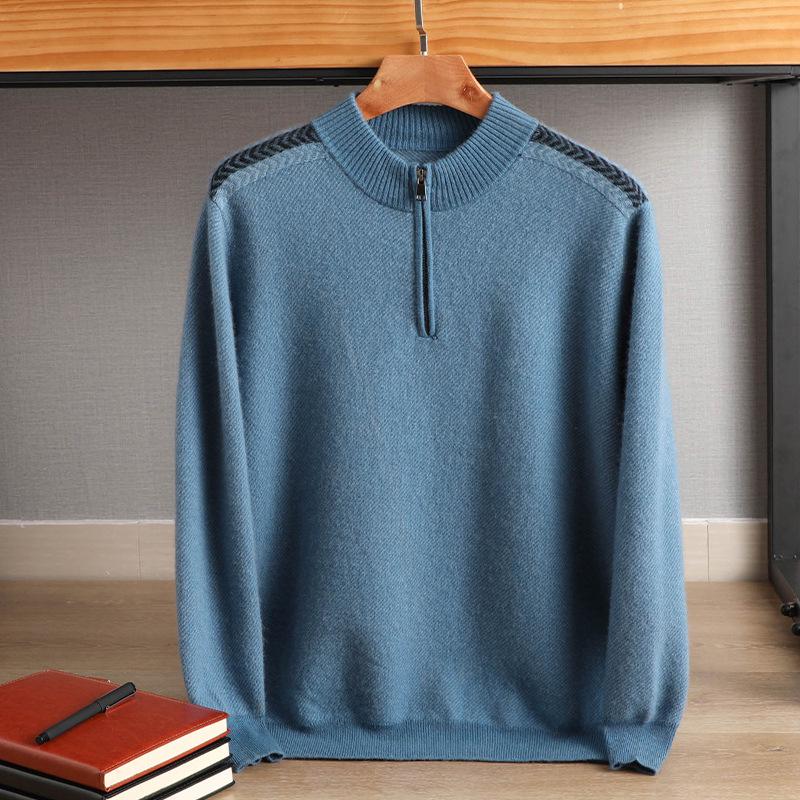Men's Cashmere Half-Zip Pullover: Youthful Round Neck, Thick Wool Sweater, Plus Size, Casual Autumn/Winter Knitwear.