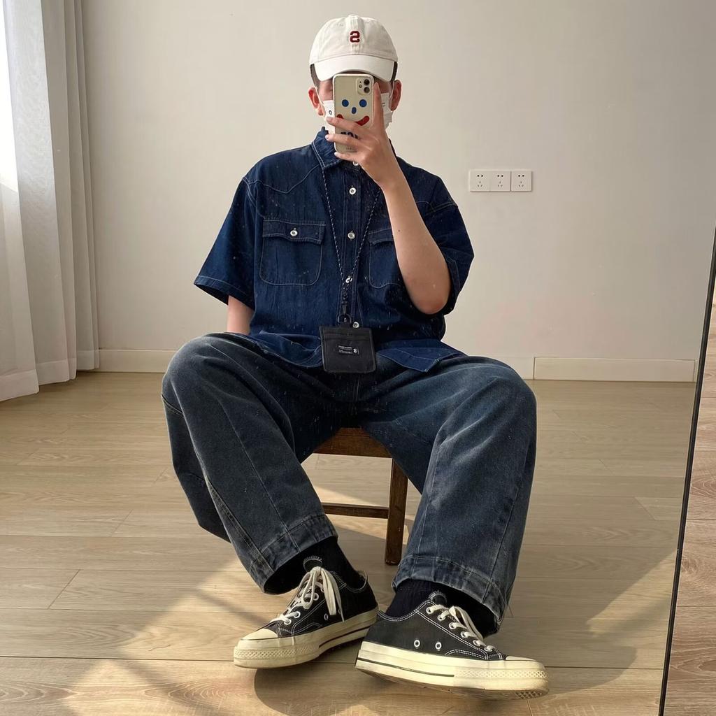 Японский ретро модный бренд летняя свободная джинсовая рубашка с короткими рукавами художественная молодежная рабочая рубашка мужская и женская многослойная куртка