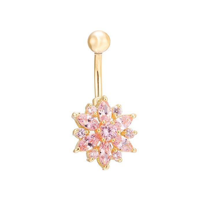 1Pc Gold Plated Rhinestone Body Piercing Belly Ring Bars Barbells Button Navel Flower Cluster