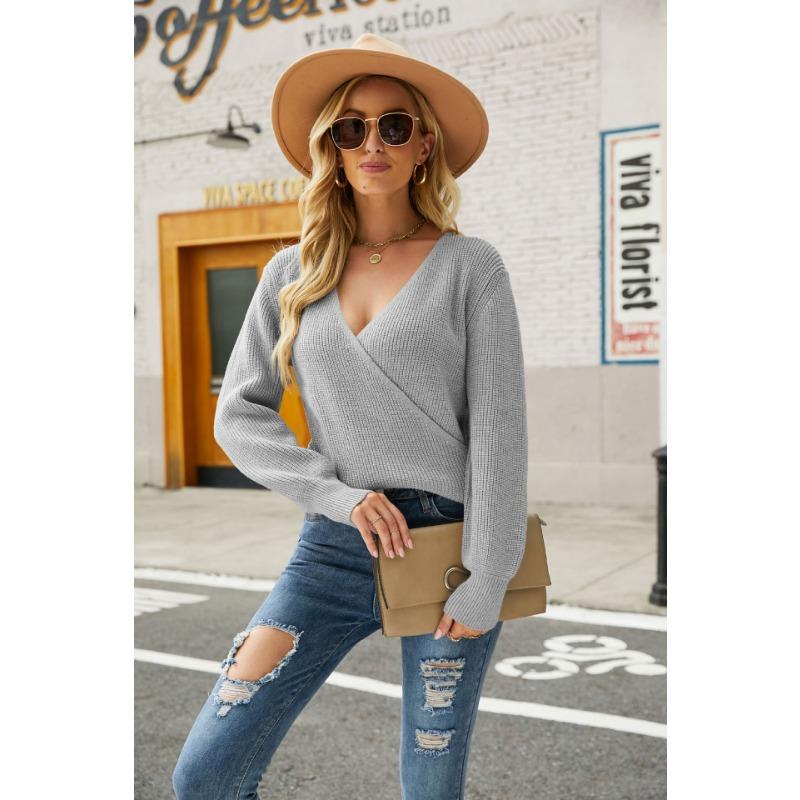 Осенне-зимний женский свитер, модный однотонный пуловер с длинными рукавами и v-образным вырезом, вязаный свитер