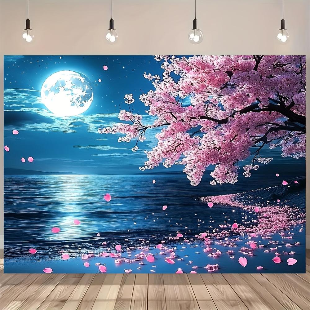 1pc Cherry Blossom Moonlit Lake Night Tapestry Japanese Sakura TreeWall Art Bedroom Decor Romantic Spring Landscape Petals Print