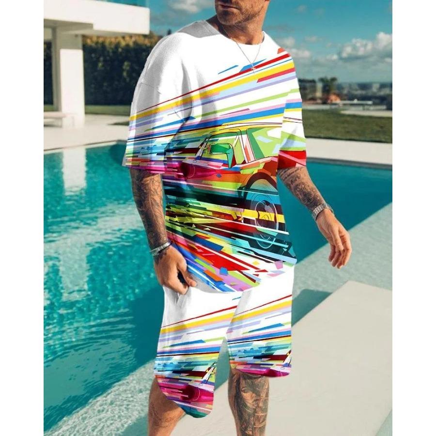 Новый летний 3D геометрический узор с принтом, повседневный походный спортивный мужской костюм, футболка с короткими рукавами + уличные шорты, комплект из двух предметов