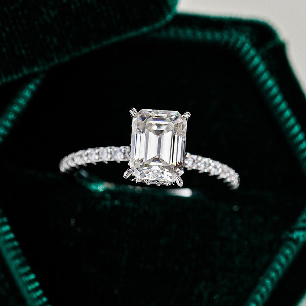 S925 Sterling Silver Rectangular Cut Engagement Ring - 1/2/3 Carat D Color VVS Moissanite Half Eternity Band Jewelry for Women