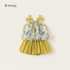 Sweet Floral Pattern Bow Shoulder Strap Design Kid Summer Top And Shorts Set