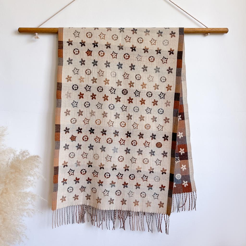 Stylish National Pattern Women's Faux Cashmere Infinity Scarf Winter Warm Two-Sided Thick Floral Print Cozy Shawl Foulard Blanke
