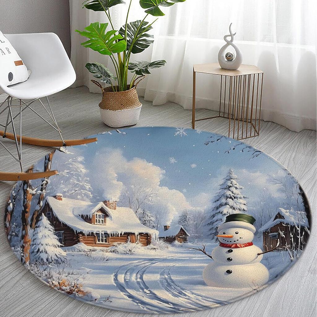 Winter Christmas Round Rug for Living Room Non Slip Bedroom Mats Circle Rugs for Room Home Christmas Decorations Carpet