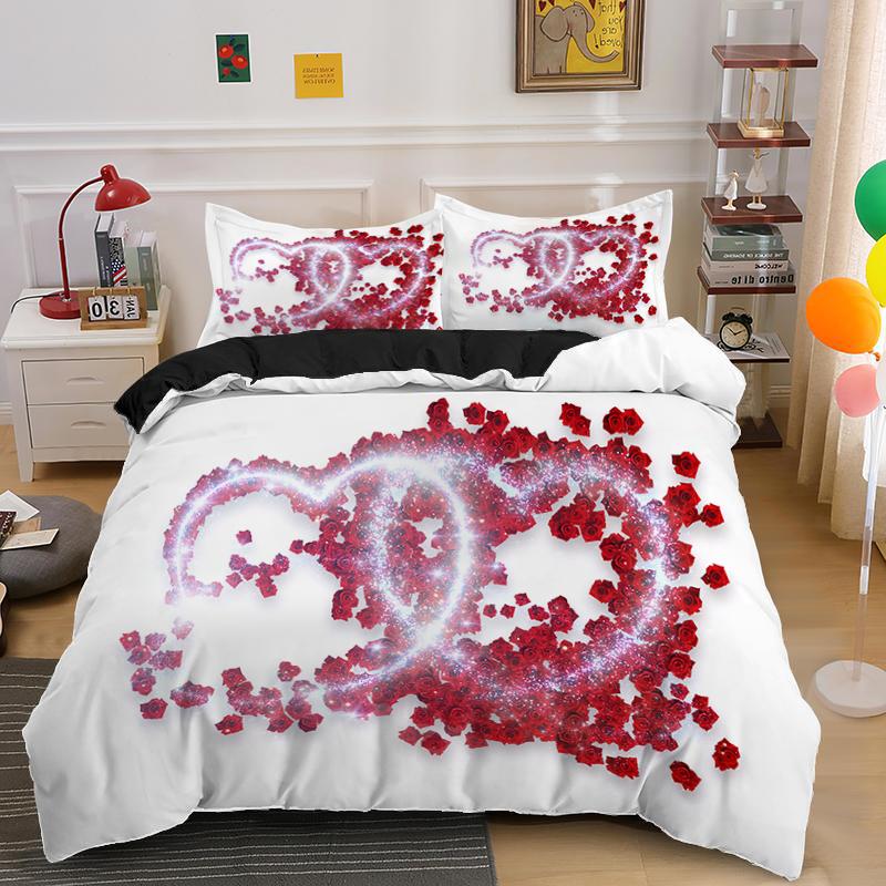 Красный пододеяльник с изображением розы, короля и королевы, ко Дню святого Валентина, свадебный комплект постельного белья с цветочным принтом для пары, 2/3 предмета, полиэстеровое одеяло с рисунком в виде сердца и цветов