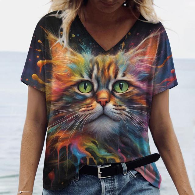 Women T-shirt Summer Cartoon Animal T-Shirt Women's Clothing Oversized Designer Short Sleeve V Neck Tee Blouse Fashion