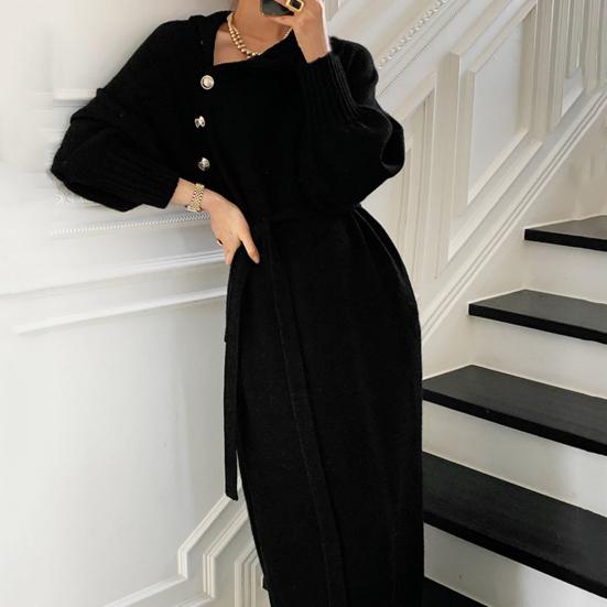 Women Dress High Waist Cold Resistant Windproof Women Solid Belt Pullover Knitted Sweater Midi Dress for Outdoor