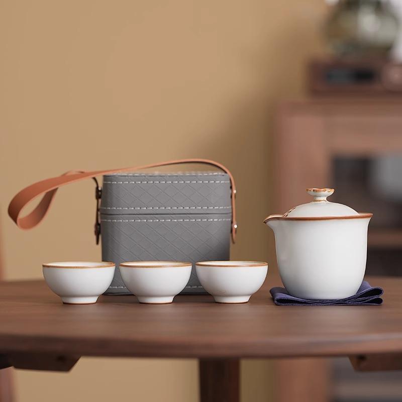 Ru kiln travel tea set, one pot, three cups, blue-and-white ceramic Kuaike cup, business gift, souvenir gift