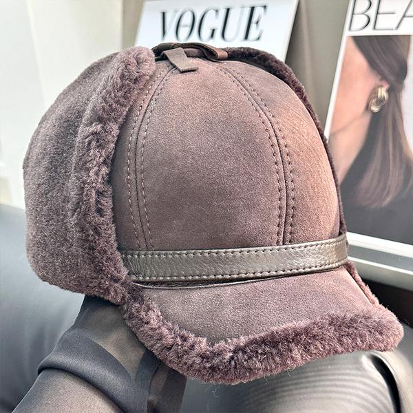 Winter Leather Hat Men Fur Lamb Wool Warm Thick Earflaps Bomber Hats Men's Baseball Cap Russian Hat