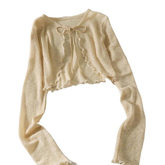 Солнцезащитный трикотажный кардиган для женщин с завязками спереди, длинными рукавами, прозрачной сеткой, пляжной накидкой с оборками и тонкими рубашками с защитой от ультрафиолета