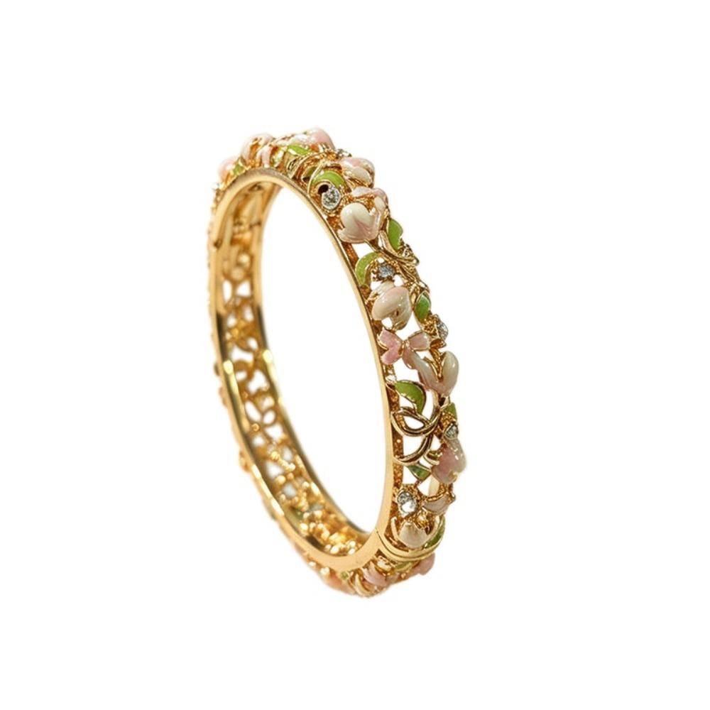 Enamel Chinese Flower Bangle Hollowed Floral Women's Hand Bracelet Vintage Cloisonne Bangle Ladies