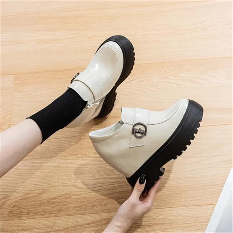 Women's Genuine Leather Shoes High Platform Ankle Boots 11CM Wedge Heels Female Casual Shoes Autumn Thick Bottom Slip-on Shoes
