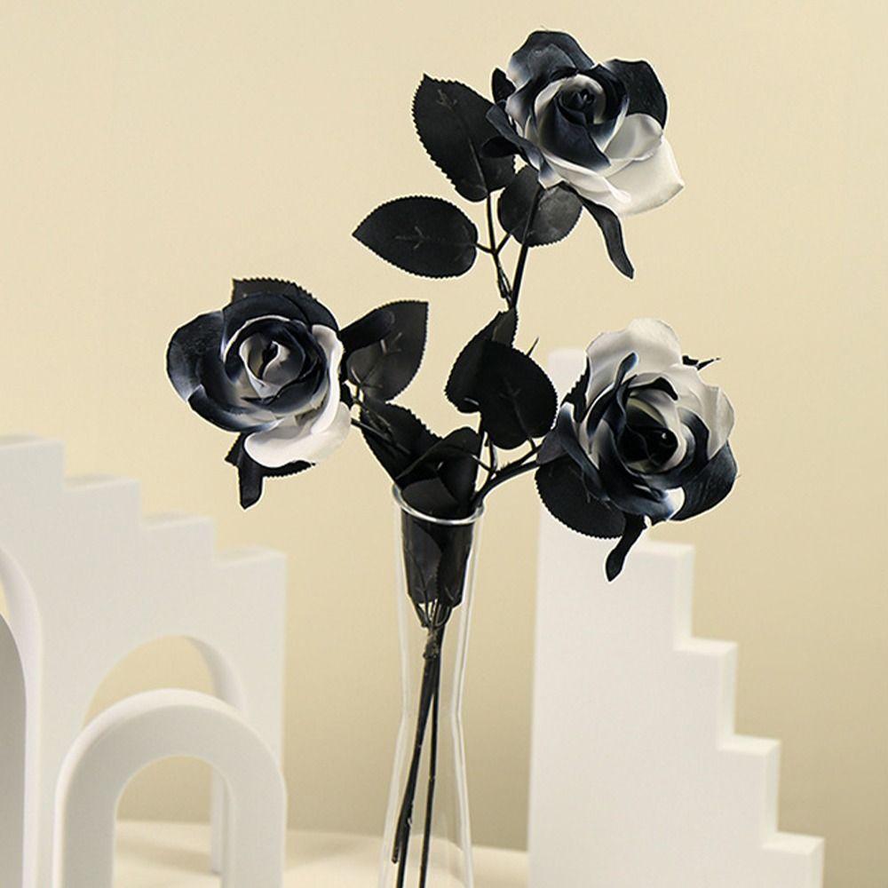 Black White Halloween Artificial Rose Flowers Soft Silk Real Touch Faux Flowers Gothic Exquisite Simulation Flowers