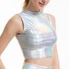 Women Crop Top Round Neck Sleeveless Glossy Solid Color Short Waist-exposed Slim Fit Pullover Club Party Performance Tank Top