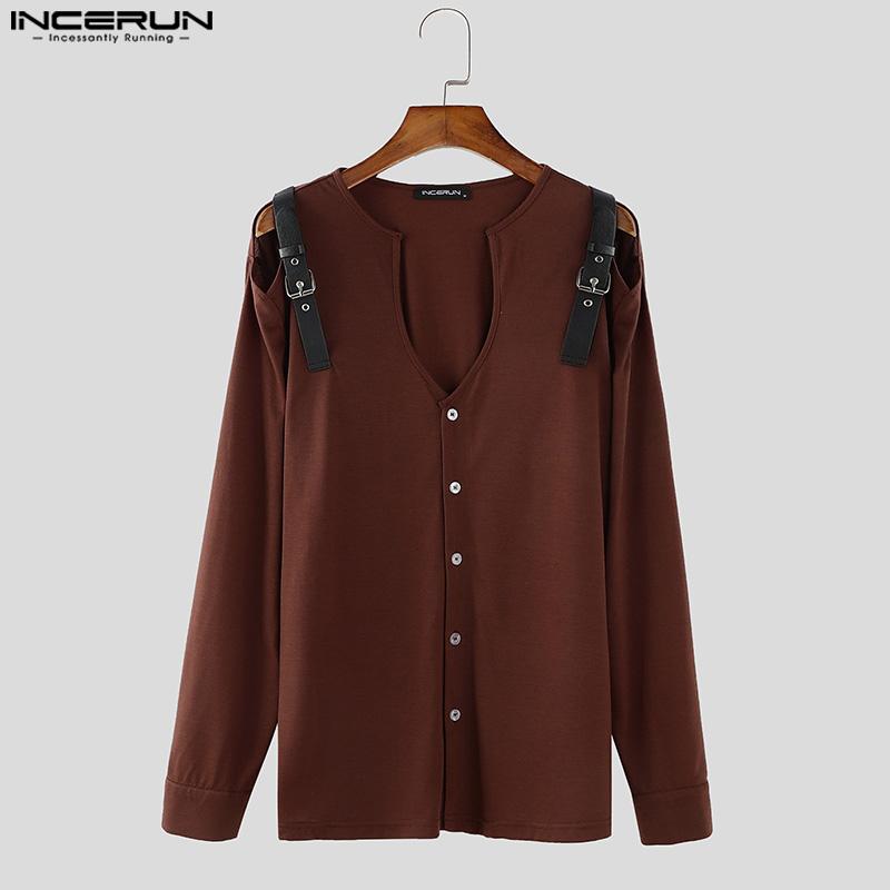 INCERUN Men Cutout Shoulder Patchwork Long Sleeve Casual Buttons T-Shirts Undershirts
