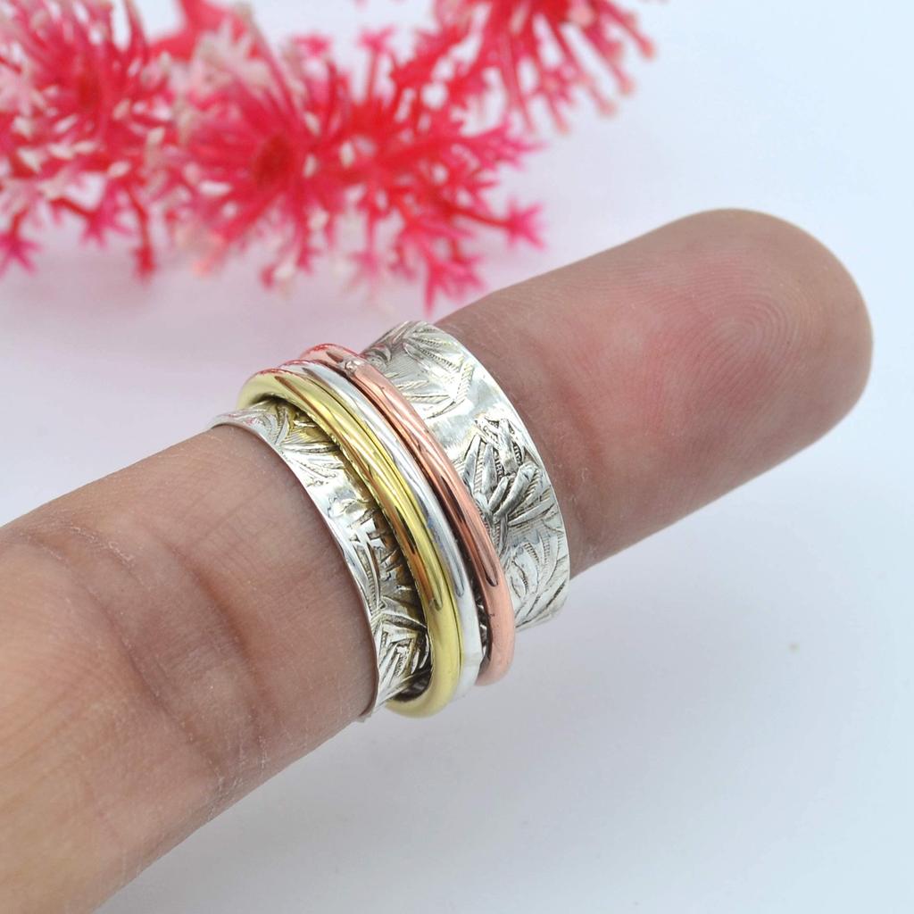 Кольцо-спиннер, трехцветное кольцо-спиннер из стерлингового серебра 925 пробы, кольцо для большого пальца, серебряное кольцо