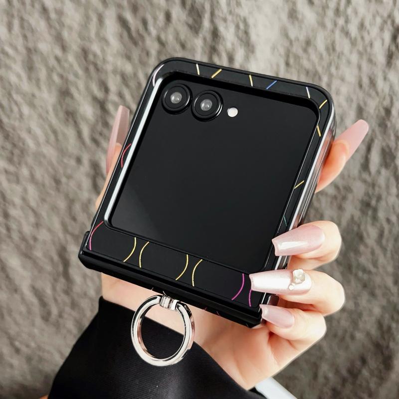 Luxury Leather Ring Holder Phone Case For Motorola Razr 60 50S 50 Ultra 40 Ultra Gradient Stripe Shockproof Hard PC Slim 3pcs Folding Cover