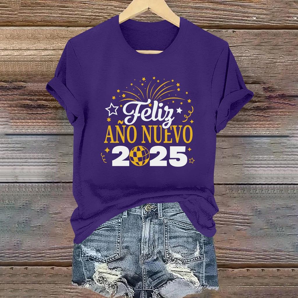 Women's Long Sleeve Round Neck T-Shirts 2025 New Year Print Puff Sleeve Shirts Button Blouses Tops