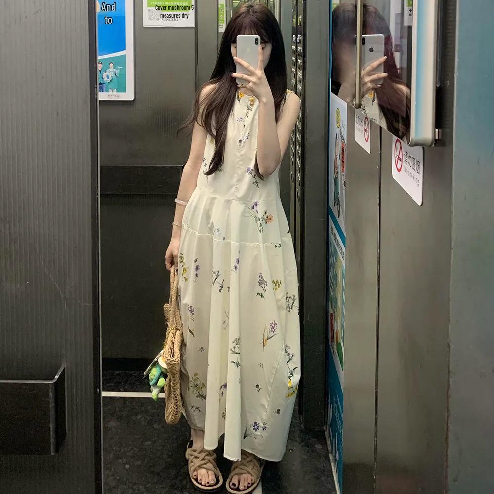 Платье без рукавов А-силуэта длиной до середины икры в летнем стиле с принтом в корейском стиле