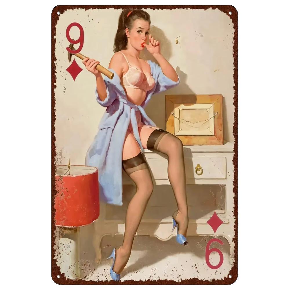 Преобразите свой интерьер с элегантностью: 1шт Винтажное металлическое настенное искусство, украшенное сексуальными женщинами, подойдет для любого бара