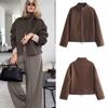 Autumn and Winter Women Casual Solid Jackets Fashion Vintage Zipper O Neck Brown Coats Elegant Chic Ladies Jackets