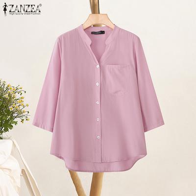 Женская блузка с V-образным вырезом, однотонная, свободного кроя, с рукавом 3/4