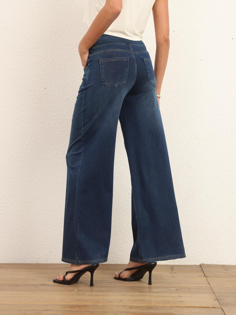 Shascullfites Джинсы со средней талией и широкими штанинами для женщин, эластичные темно-синие джинсы, повседневные брюки свободной посадки с карманами