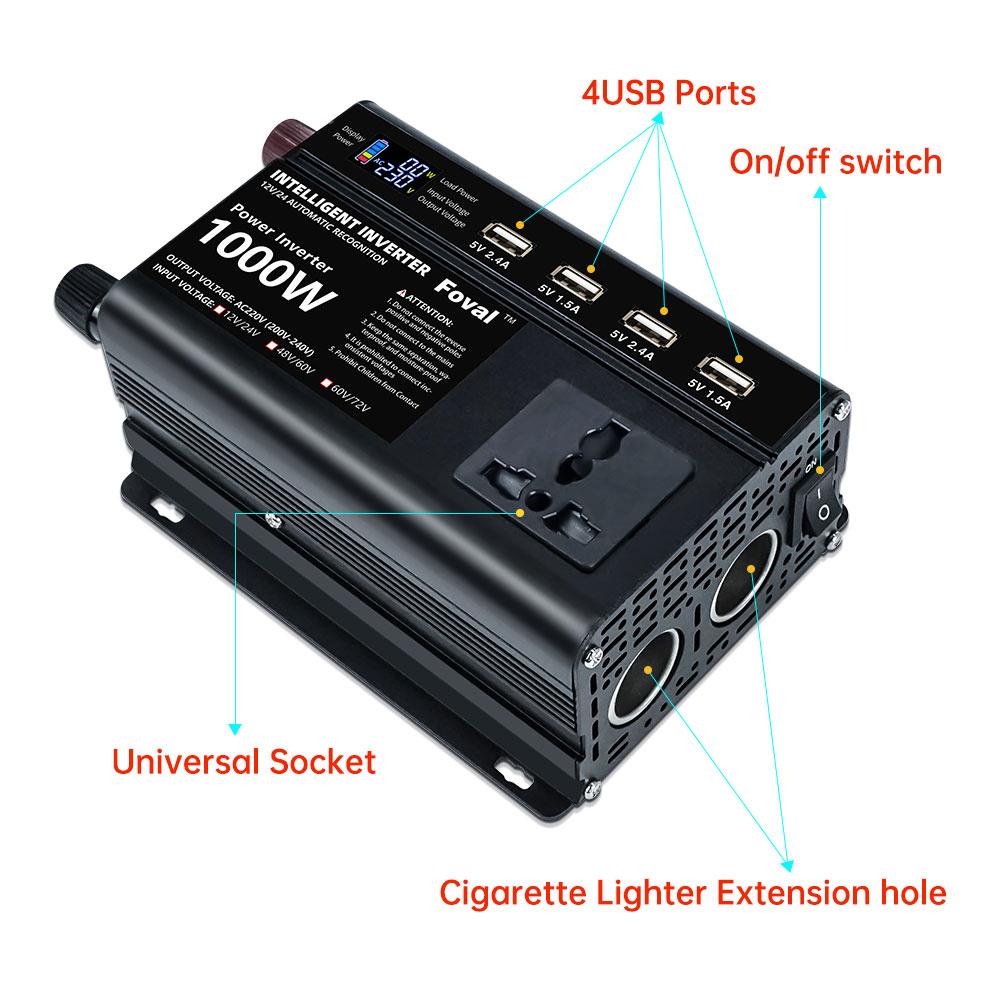 Двойное напряжение с автоматическим переключением постоянного тока 12 В и 24 В;48В и 60В;60 В и 70 В переменного тока, 220 В, 300 Вт, непрерывный/1000 Вт, пиковая модифицированная синусоидальная волна, 4 источника питания USB, инвертор мощности 220 В
