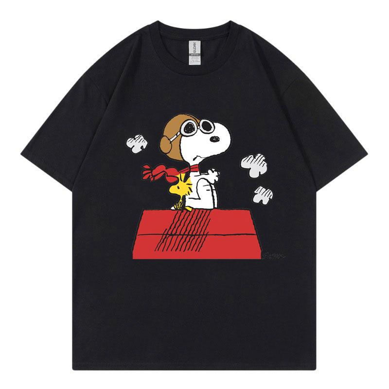 Черная женская футболка Snoopy Летняя с коротким рукавом Хлопок Мужская Женская Футболка Топы Мультяшная Аниме Одежда для пары Топы