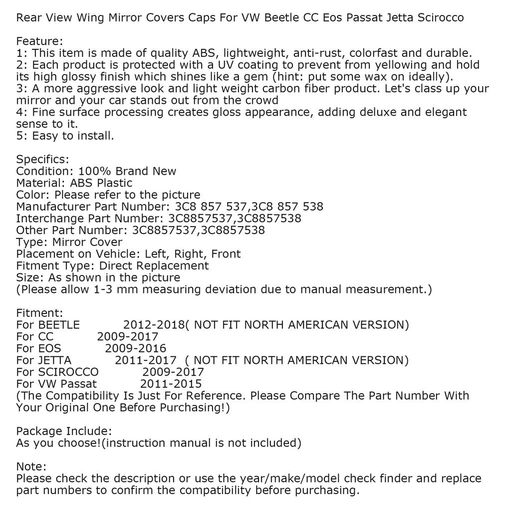 Left & Right Rear Door Wing View Mirror Cover Cap 3C8857537 For VW Jetta Passat