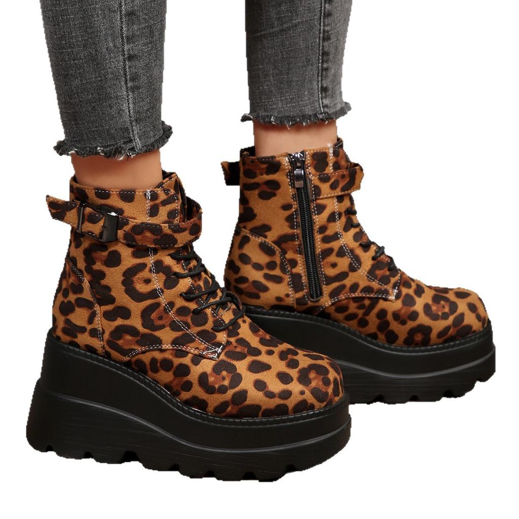 2025 Женские ботинки Новые Толстый каблук Платформа Ботинки Мартин Женские Большого размера Леопардовый принт Ботинки