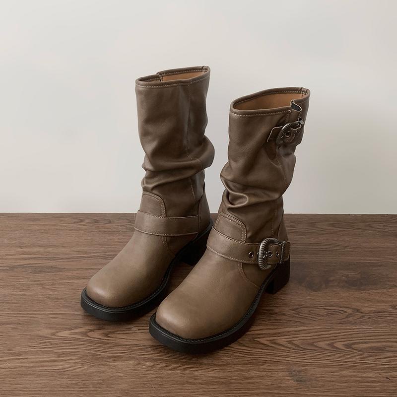 Винтажные женские ковбойские сапоги в западном стиле, модные полусапожки до середины икры, элегантные женские сапоги на толстом каблуке