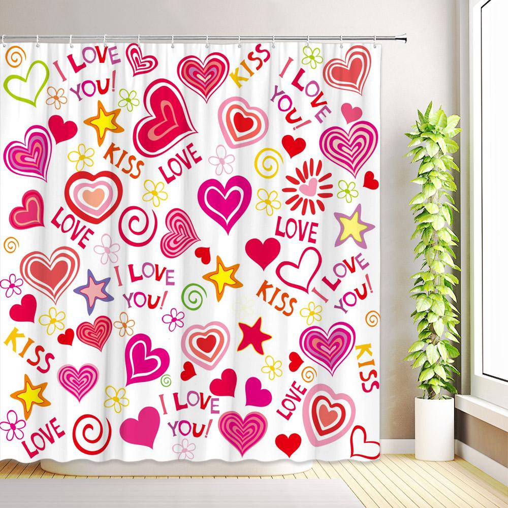 Valentine's Day Shower Curtain Romantic Red Love Hearts Flowers Abstract Modern Bathroom Decor Fabric Bath Curtains with Hooks