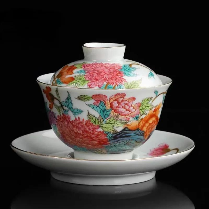 Ceramic Gaiwan with Cover, Teacup Light, Chinese Beauty Tea Infuser, Home Tea Set Accessories, Palace , Enamel Color