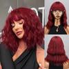 Women Shoulder Length Water Wave Wig with Bangs Synthetic Fiber Short Natural Wavy Red Wine Color Daily Wear Wig