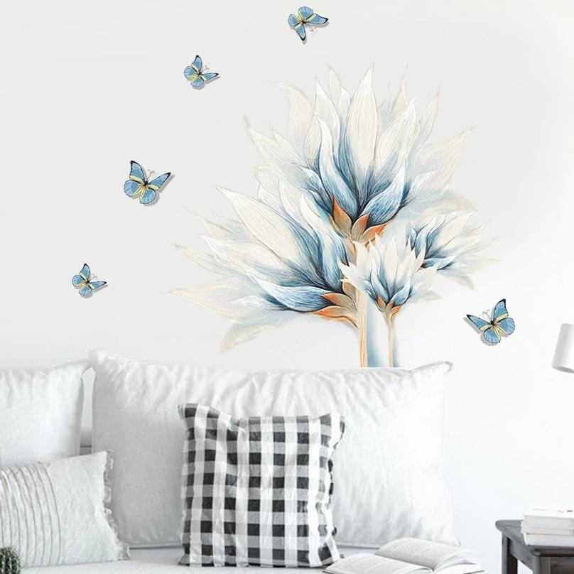 Watercolor Blue Flowers and Butterfly Wall Stickers for Living Room Bedroom Wall Decals Wardrobe Stickers PVC Removable Poster