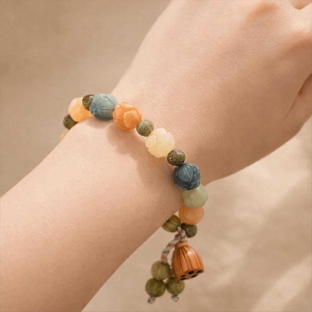 Lotus Charm Tibetan Buddha Bracelet Natural Resin Wooden Beads Bracelet  Yoga Practice