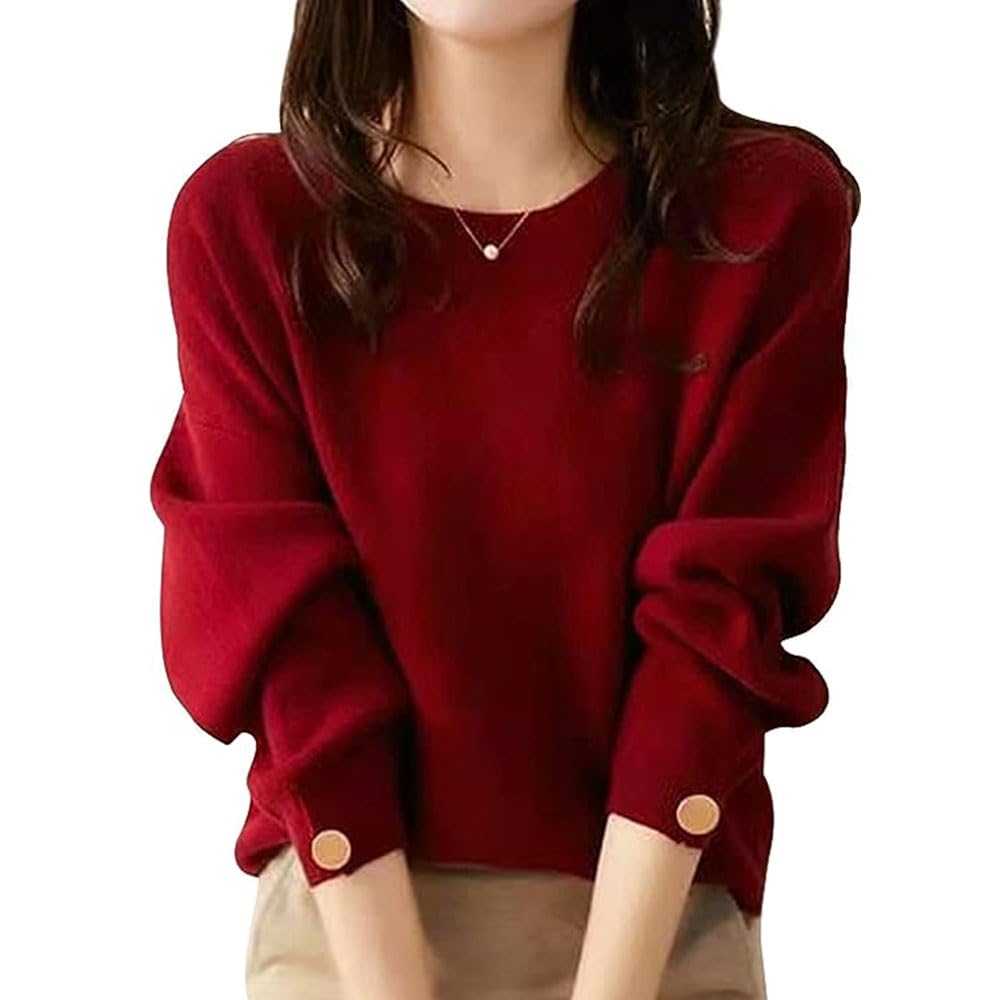 Bvaeocl Knit Long Buttoned BV88 Women's Sweater, Sleeve, Sleeves, Pullover, Soft, Slimming, Simple, Stylish, Elegant, Autumn/Winter, (S, Red)