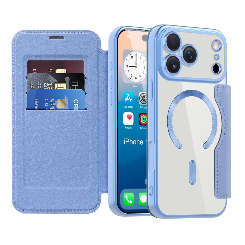 For Magsafe Clear Flip Leather Slot Card Bag Holder Magnetic Phone Case For 17 Pro Max Air Wireless Charging Wallet Cover