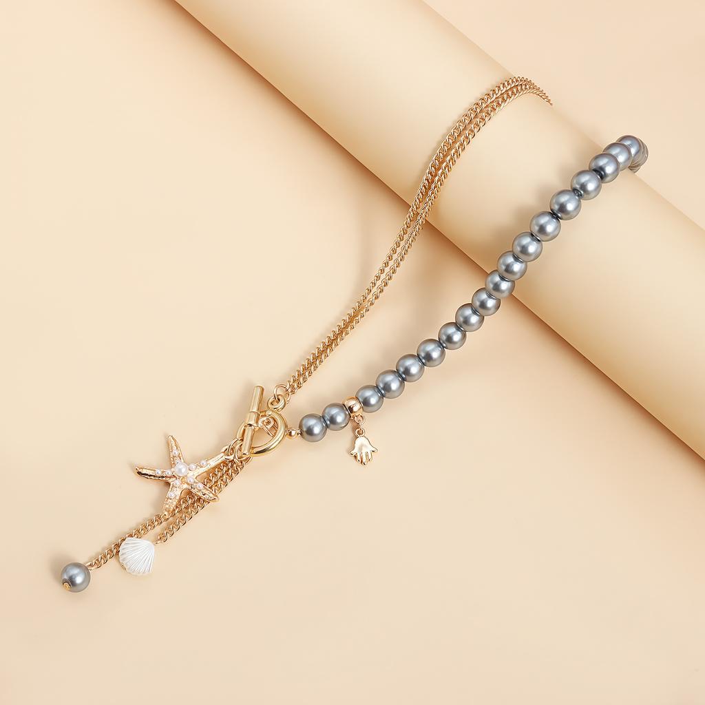 European and American Jewelry Summer Casual Style Starfish Palm Collarbone Chain Beaded Splicing Light Luxury High-end Necklace