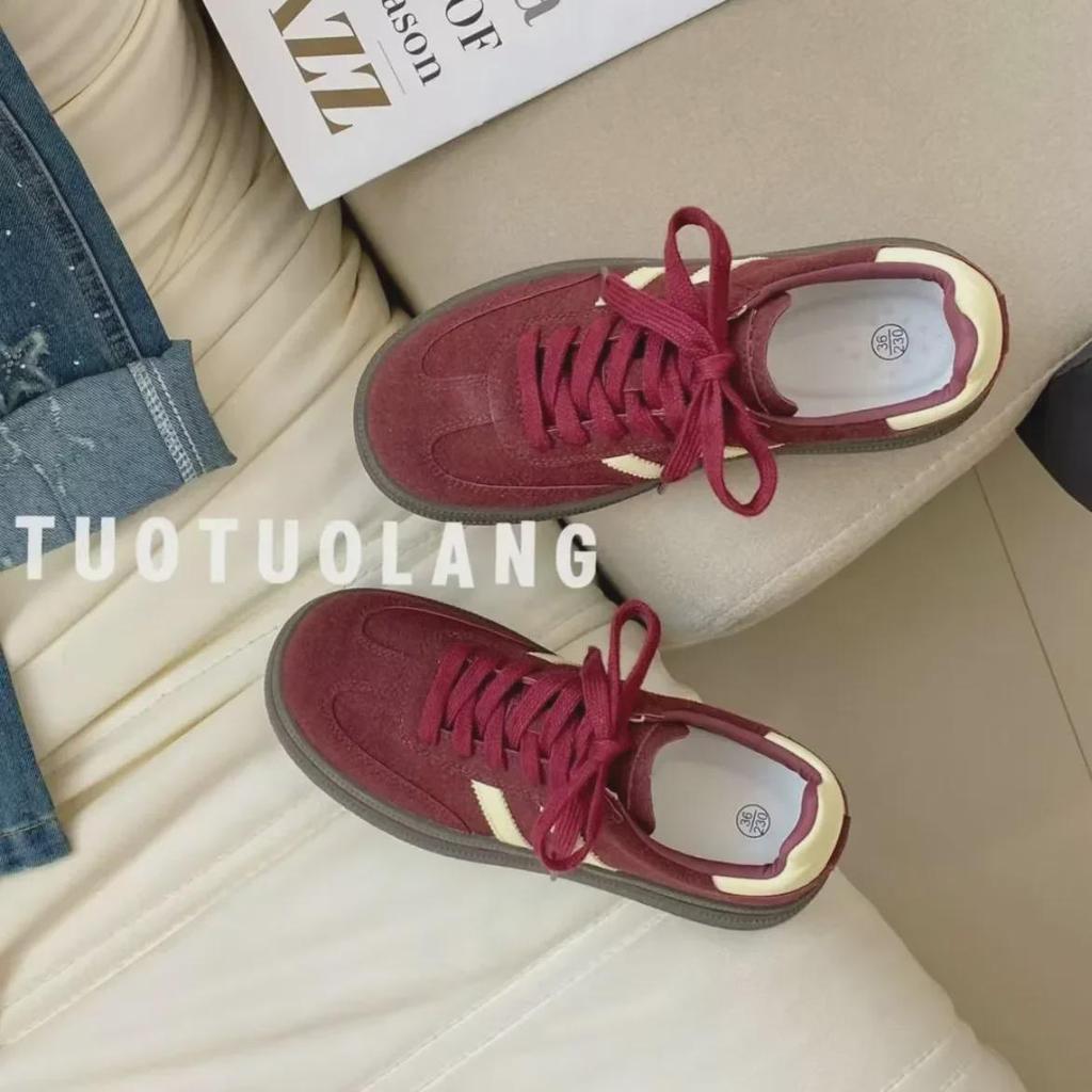 Женские туфли из красного воловьего бархата, осень 2024 г. — низкие, на толстой подошве, повседневные, секонд-хенд, универсальные