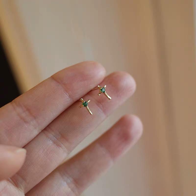 S925 Sterling Silver Cross Stud Earrings Women's Simple Mini Handmade Texture Light Luxury White Zirconium Emerald