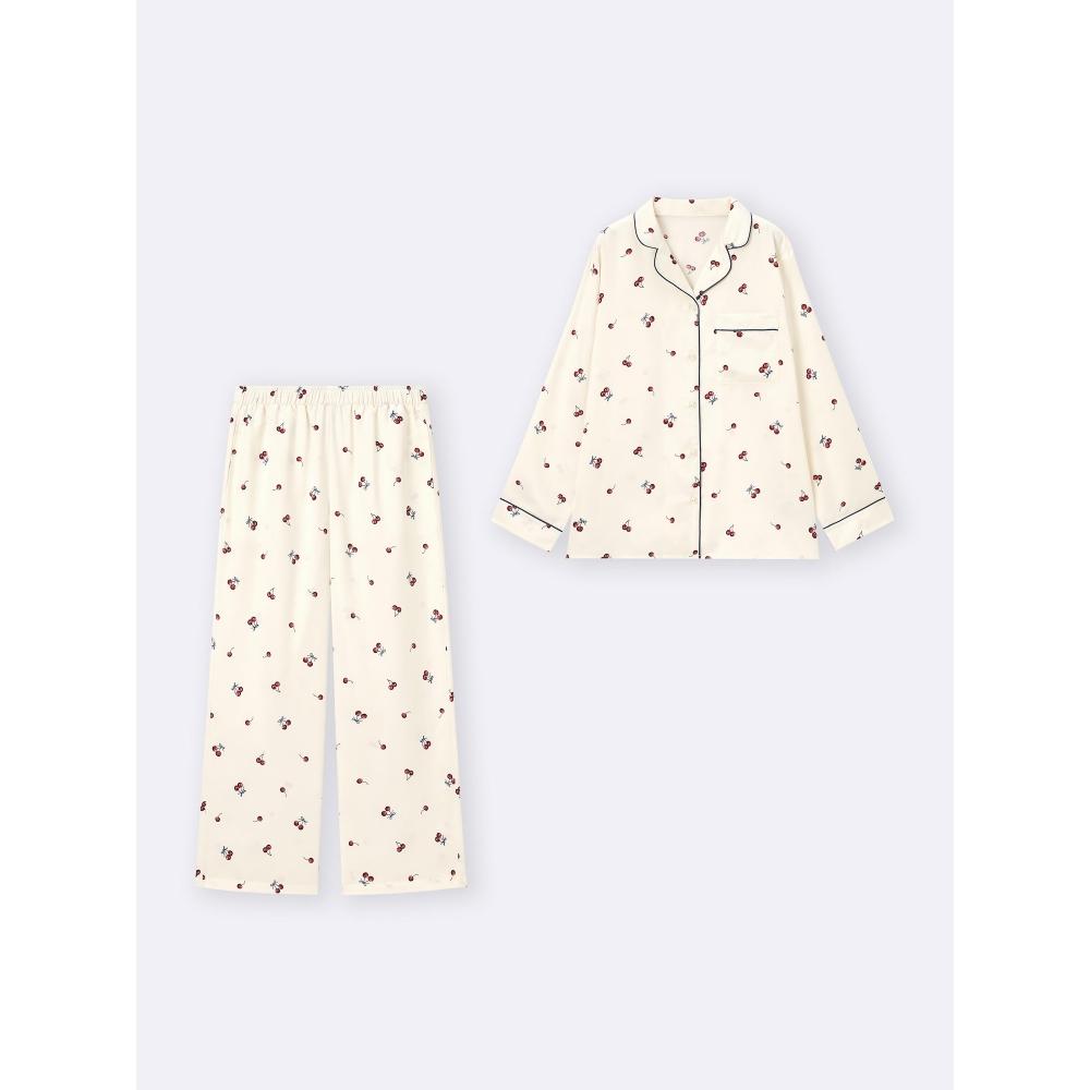 GU by Uniqlo Атласная пижама с длинными рукавами и длинными брюками Вишневый цвет 