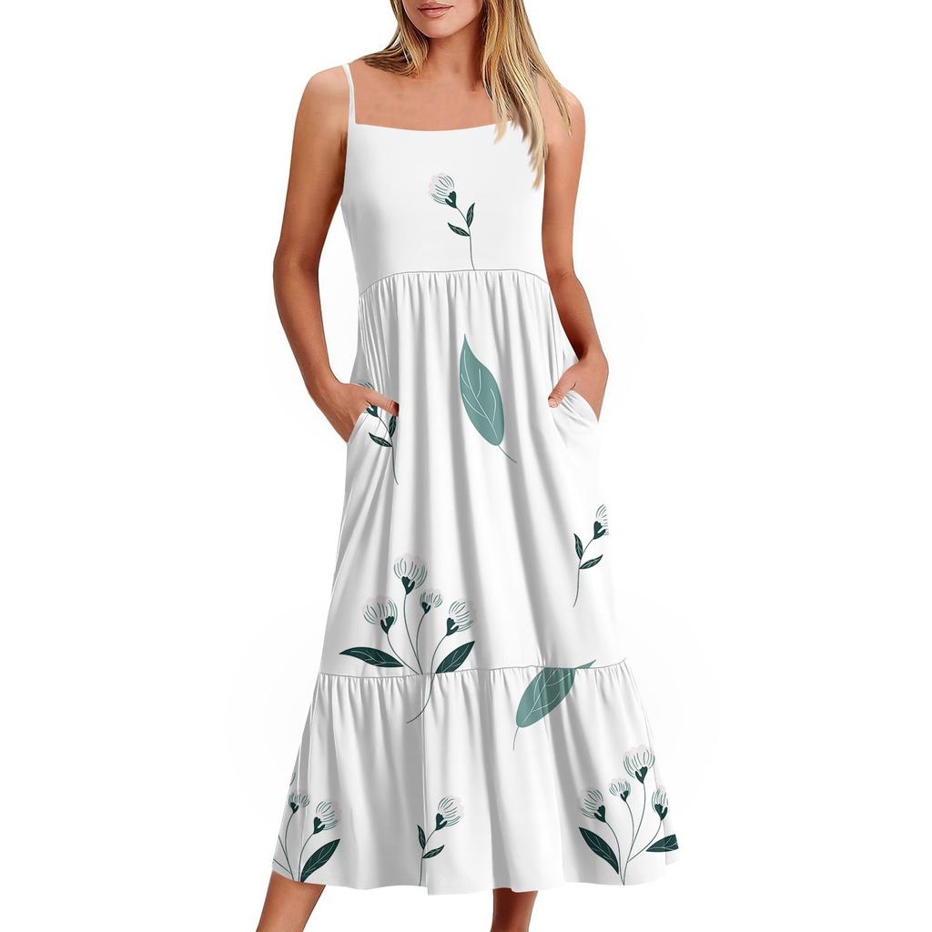 Women's Long Beach Casual Elegant Spaghetti Strap Maxi Dress Floral Low-key Flowing Bohemian Dress